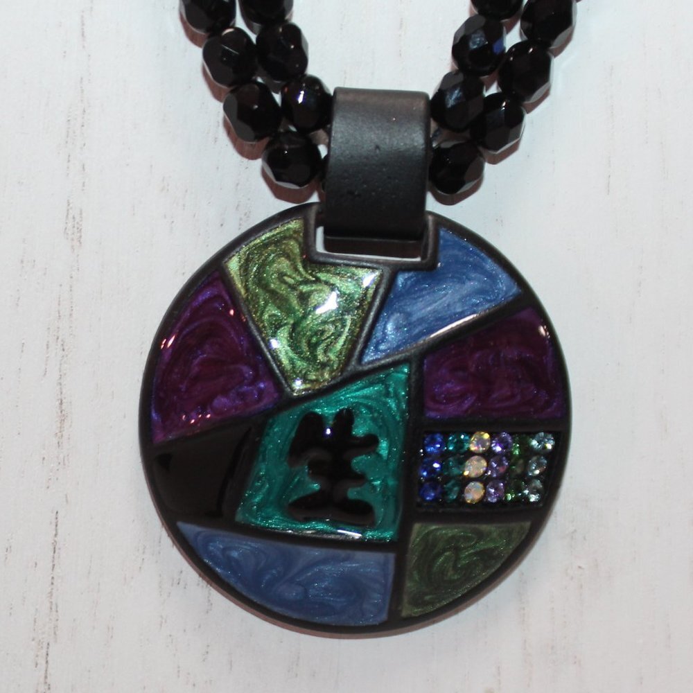 Chico's Purple, Blue and Green Medallion and Black Jet Bead Necklace
